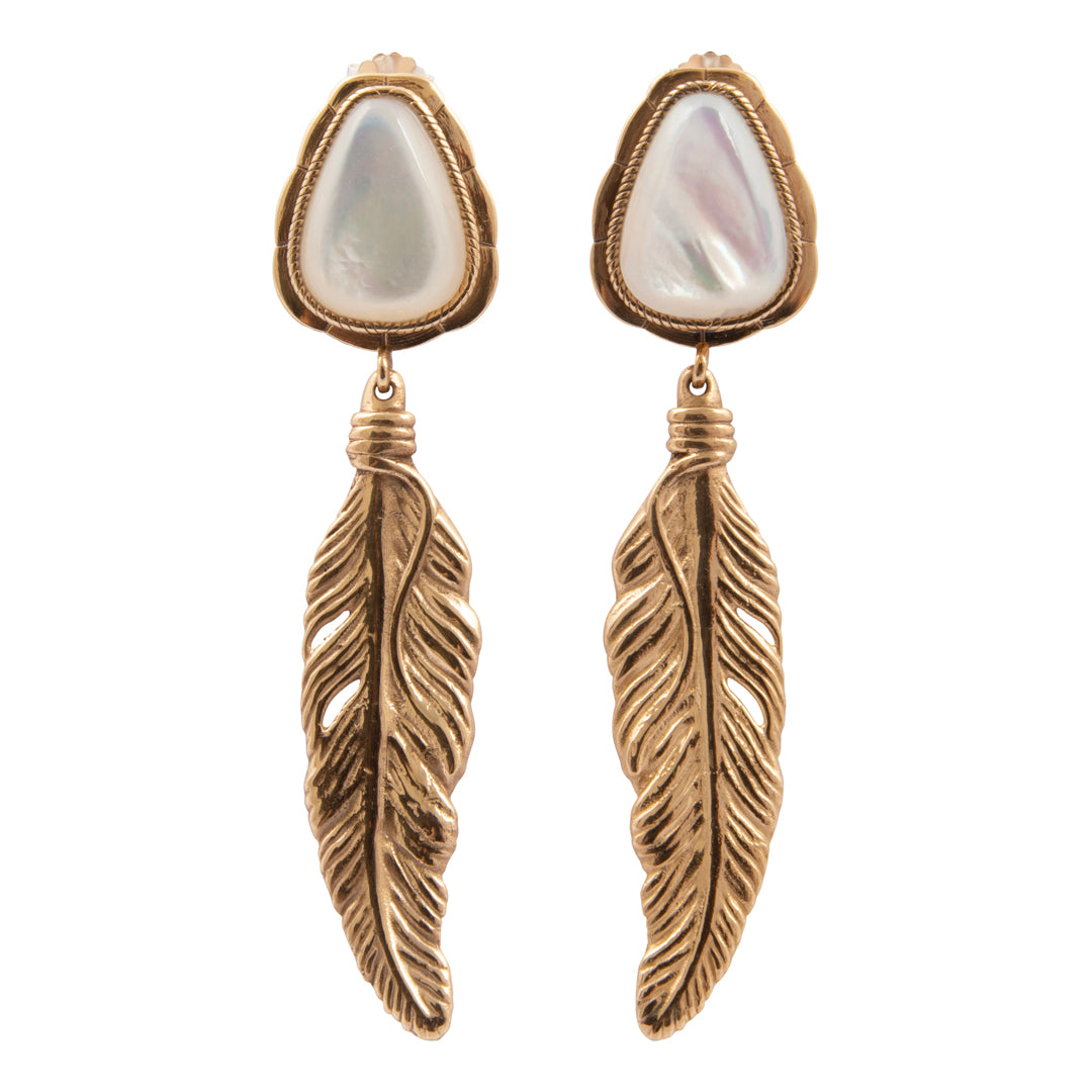 Pair of earrings with feather design and mother-of-pearl stones on a white background