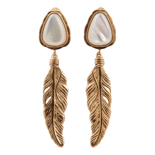Pair of earrings with feather design and mother-of-pearl stones on a white background