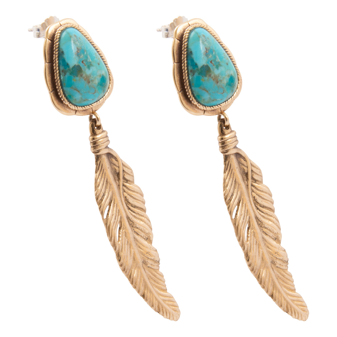 Gold feather-shaped earrings with turquoise stones on a white background