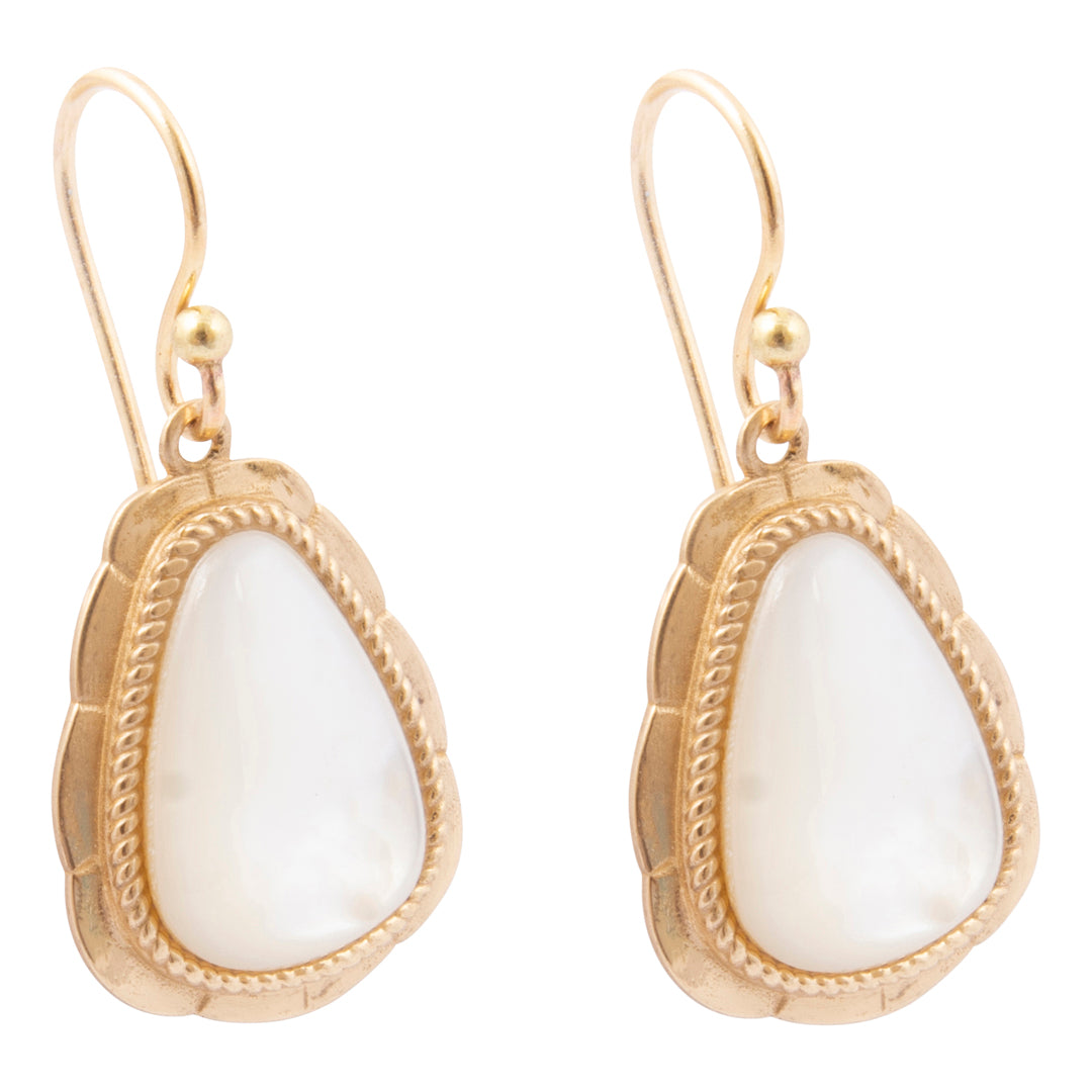 Gold earrings with white teardrop-shaped stones on a white background