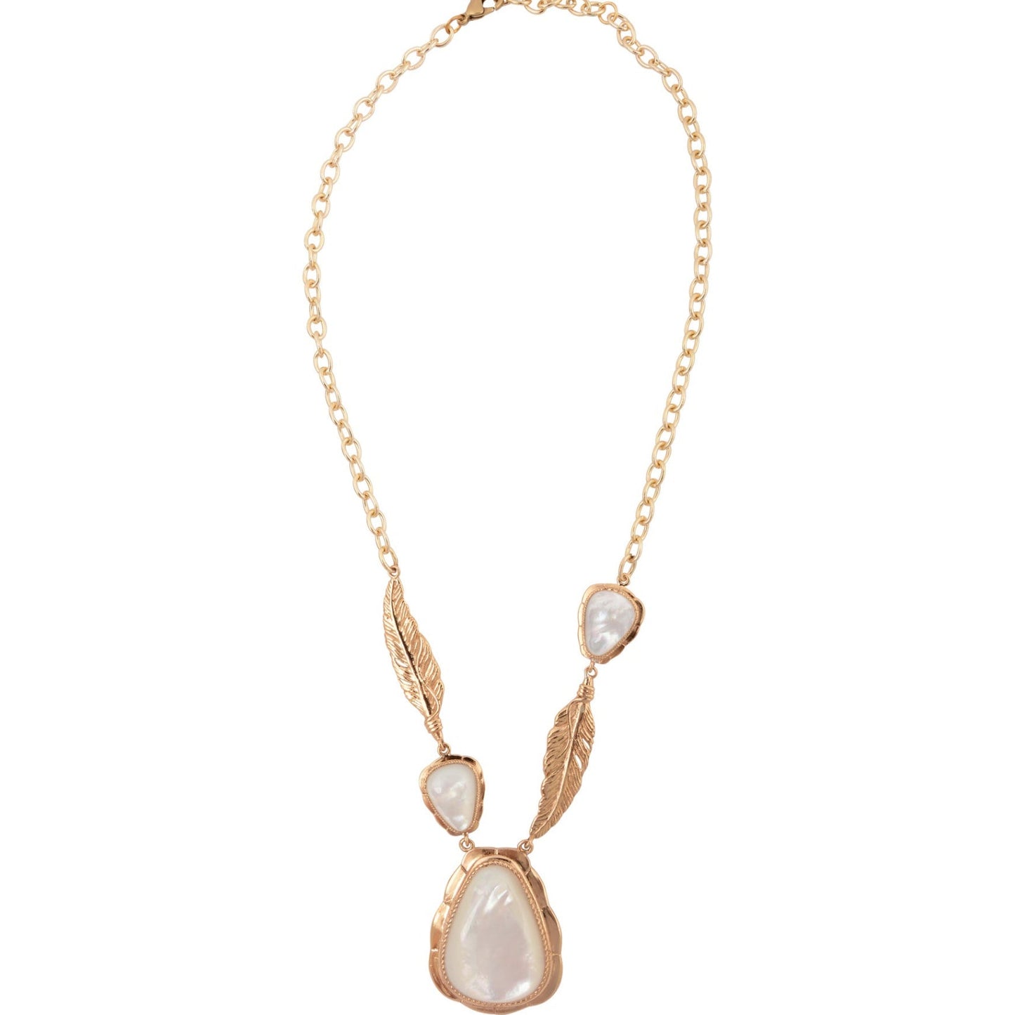 Necklace with gold chain and pearl-like pendants on a white background