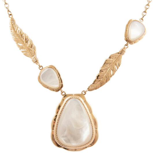 Necklace with gold feathers and white stones on a white background