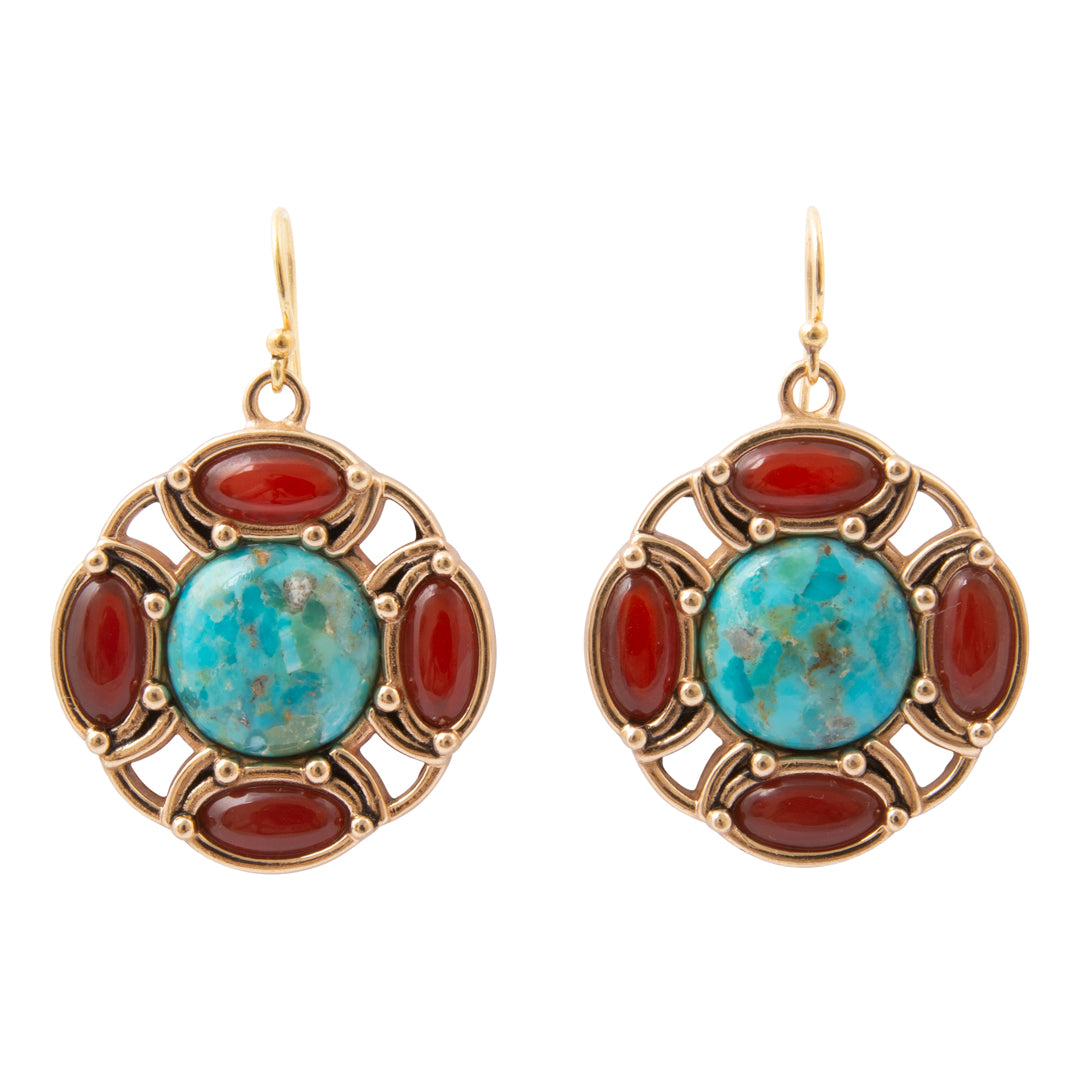 Crimson Sky Blue Turquoise Orange Carnelian Golden Drop Earrings