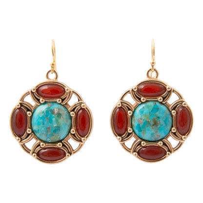 Crimson Sky Blue Turquoise Orange Carnelian Golden Drop Earrings