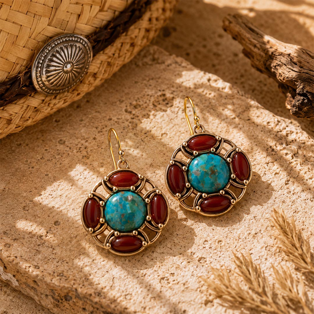 Crimson Sky Blue Turquoise Orange Carnelian Golden Drop Earrings