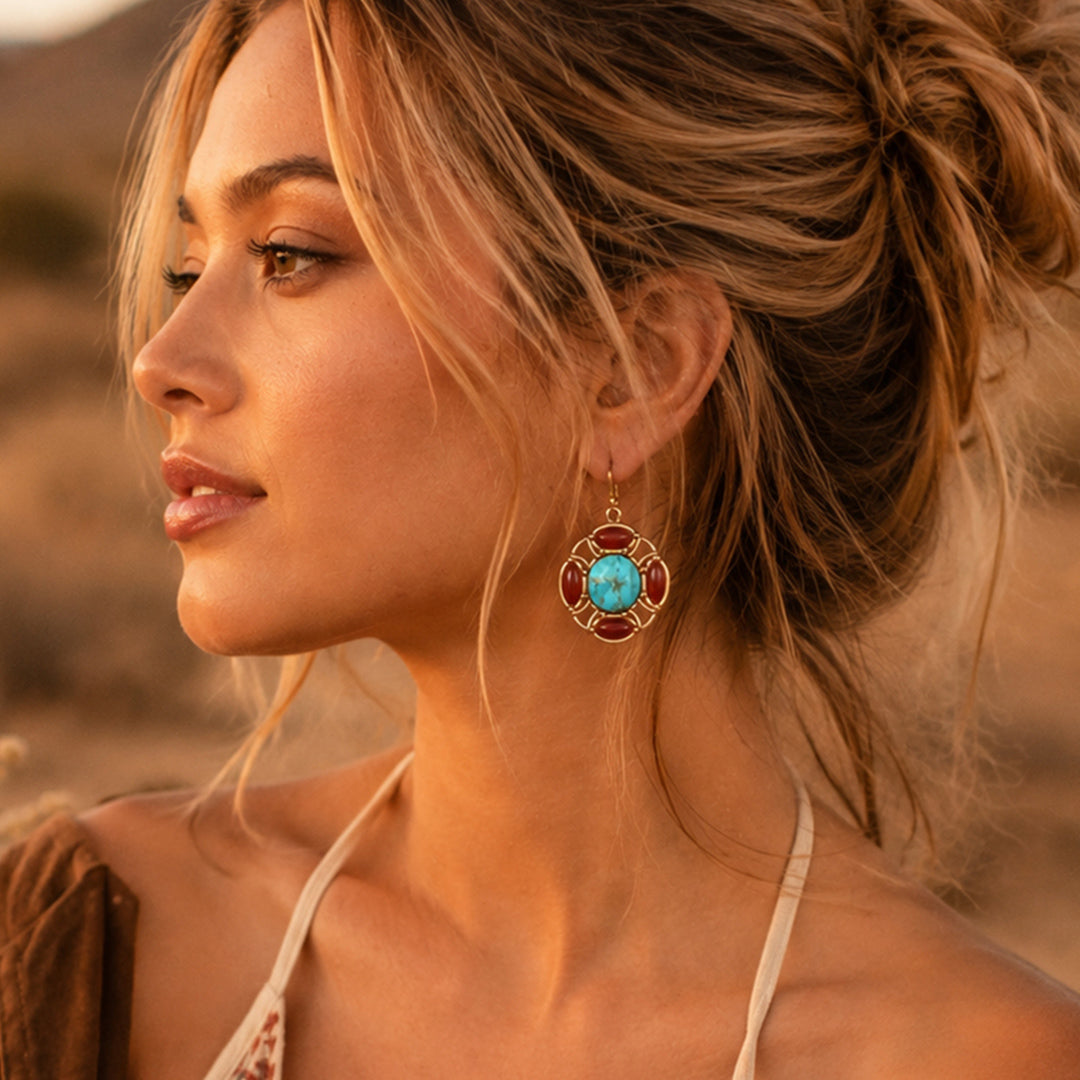 Crimson Sky Blue Turquoise Orange Carnelian Golden Drop Earrings