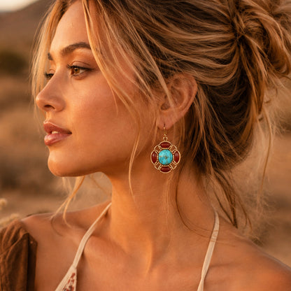 Crimson Sky Blue Turquoise Orange Carnelian Golden Drop Earrings