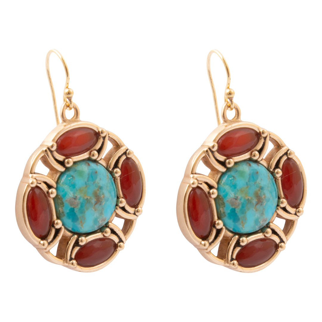 Crimson Sky Blue Turquoise Orange Carnelian Golden Drop Earrings