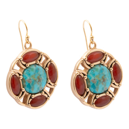 Crimson Sky Blue Turquoise Orange Carnelian Golden Drop Earrings