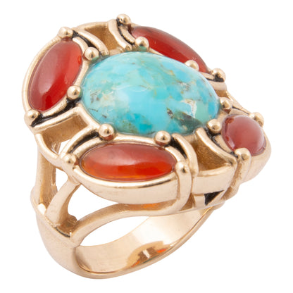 Crimson Sky Blue Turquoise Orange Carnelian Golden Statement Ring