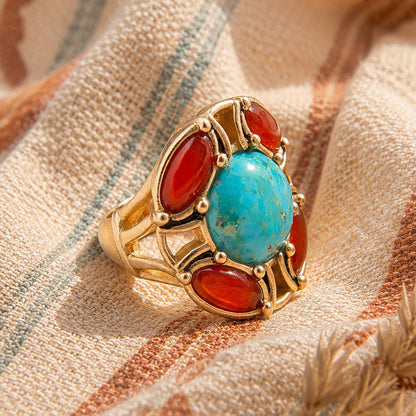 Crimson Sky Blue Turquoise Orange Carnelian Golden Statement Ring