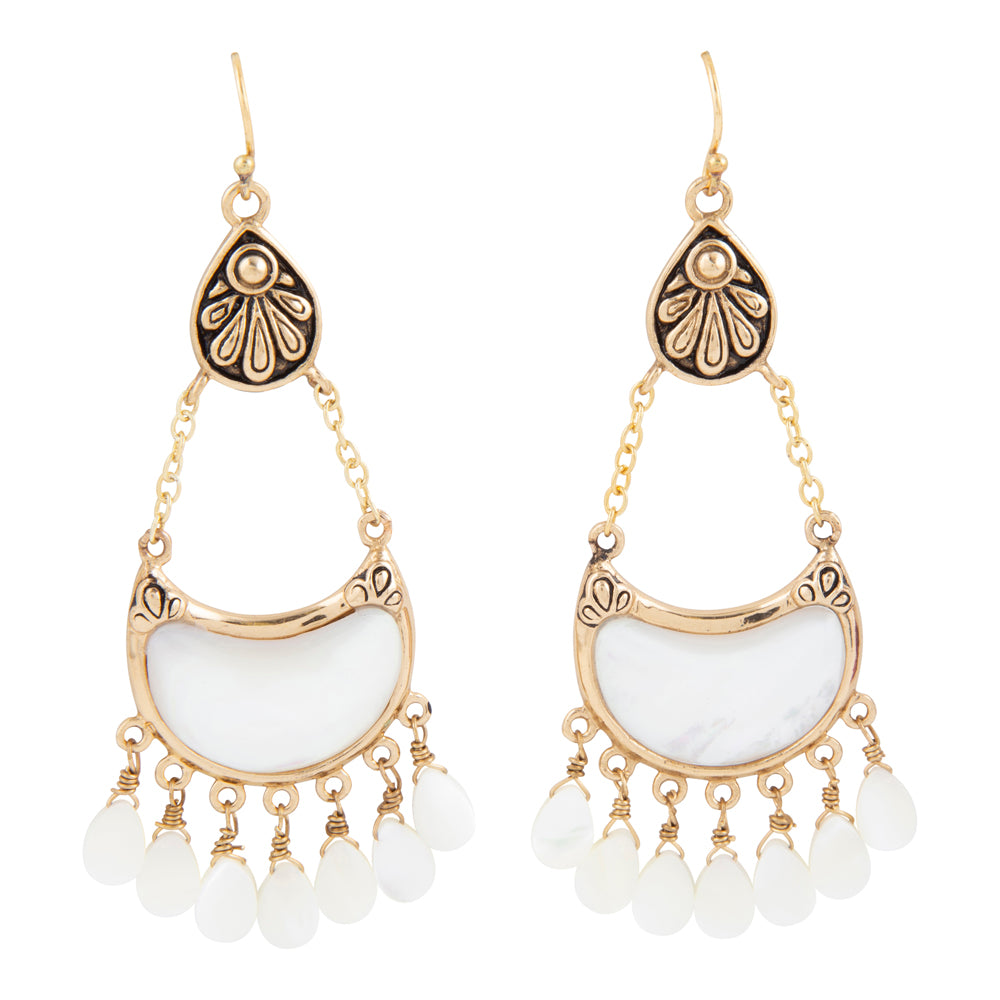 Flamenco White Mother of Pearl Golden Drop Earrings