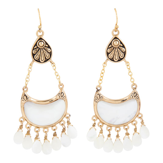 Flamenco White Mother of Pearl Golden Drop Earrings