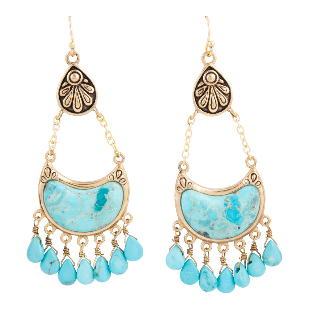 Flamenco Blue Turquoise Golden Drop Earrings