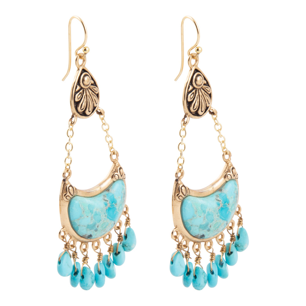 Flamenco Blue Turquoise Golden Drop Earrings