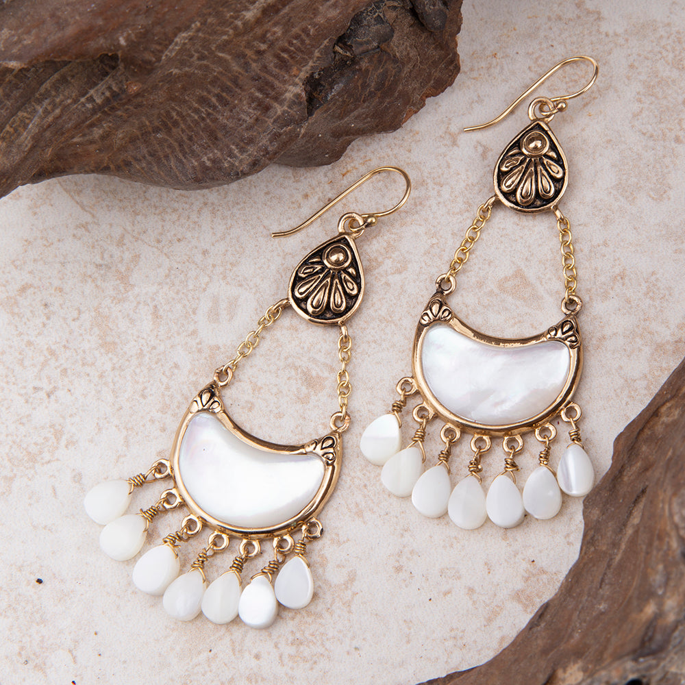 Flamenco White Mother of Pearl Golden Drop Earrings