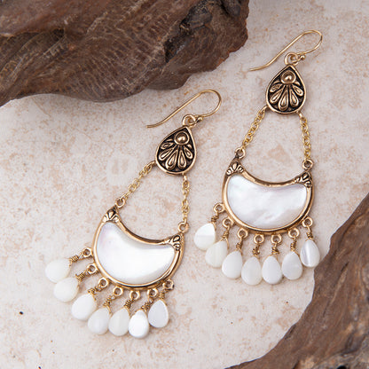 Flamenco White Mother of Pearl Golden Drop Earrings