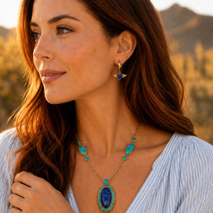 Flying Heart Blue Lapis Golden Charm Hoop Earrings