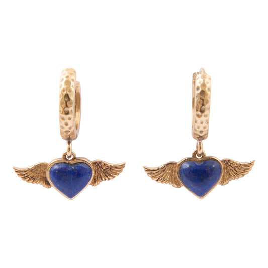 Flying Heart Blue Lapis Golden Charm Hoop Earrings