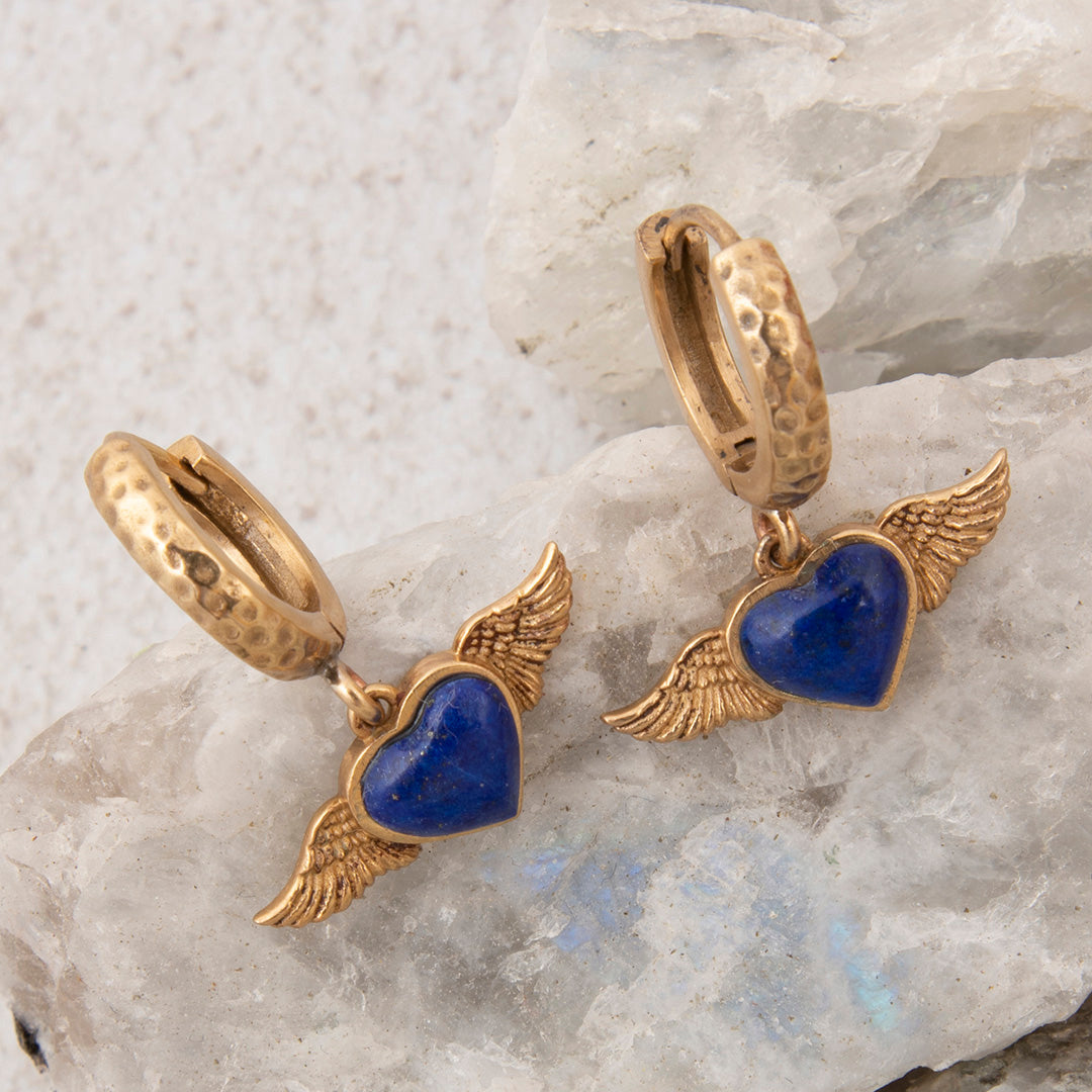 Flying Heart Blue Lapis Golden Charm Hoop Earrings