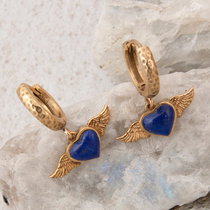 Flying Heart Blue Lapis Golden Charm Hoop Earrings