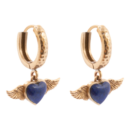 Flying Heart Blue Lapis Golden Charm Hoop Earrings