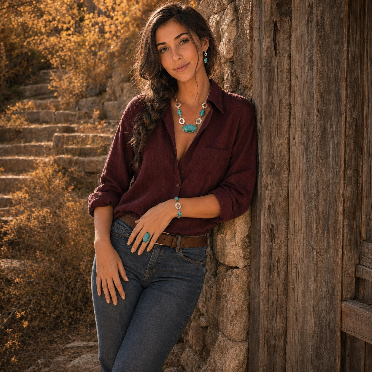 A woman leans against a rustic wooden post and stone wall outdoors, wearing a burgundy button-up shirt, blue jeans, turquoise jewelry, and a brown belt. Sunlit foliage and stone steps are visible in the background.