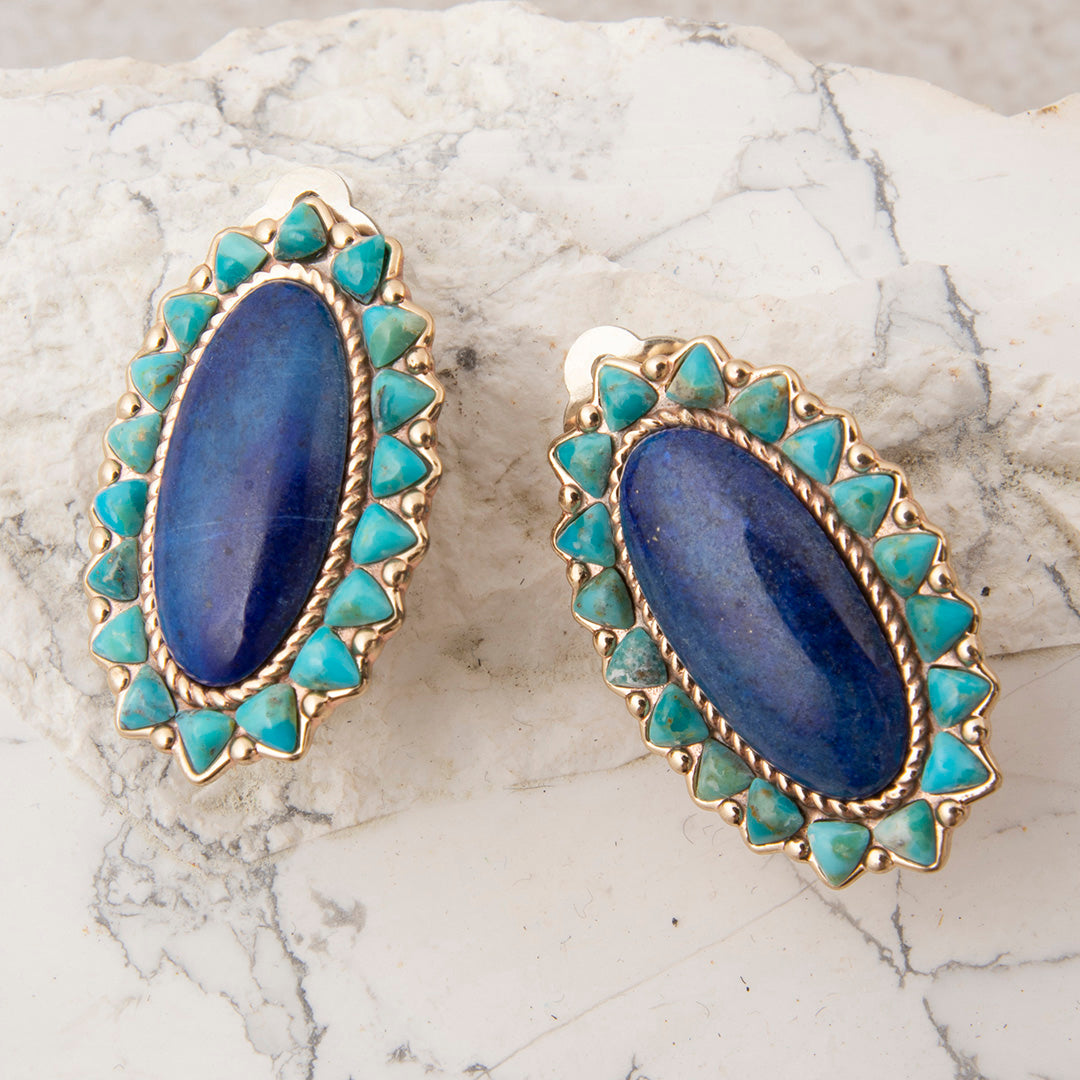 Oasis Royale Blue Lapis and Turquoise Golden Clip Earrings