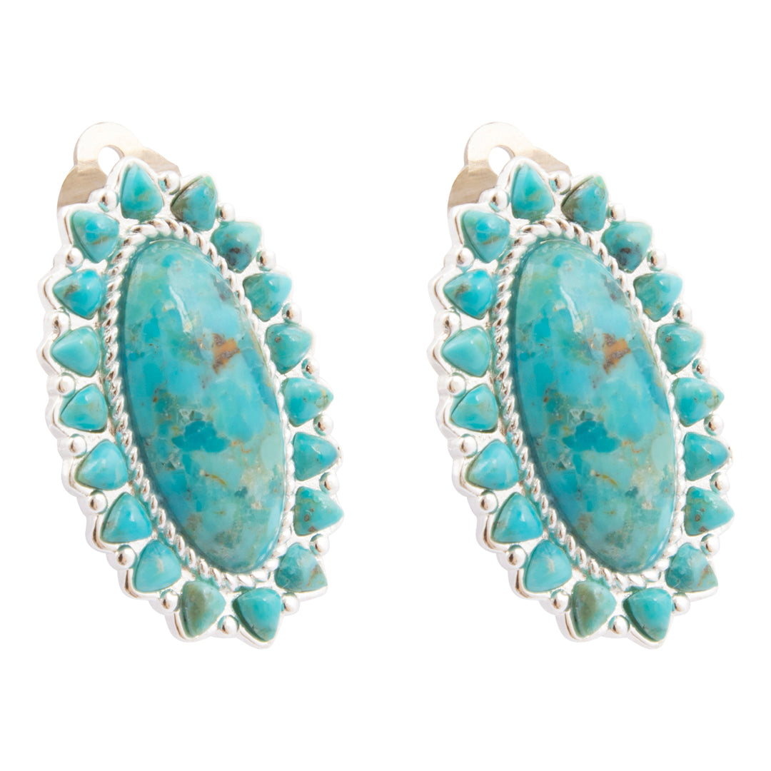 Turquoise earrings with silver accents on a white background