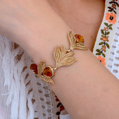 Genuine Yellow Amber Golden Leaf Toggle Bracelet
