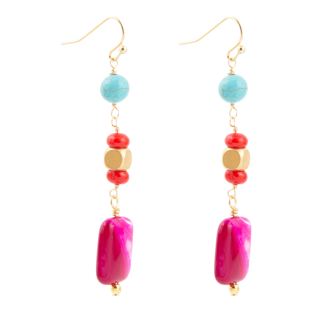 Colorful beaded earrings with gold accents on a white background