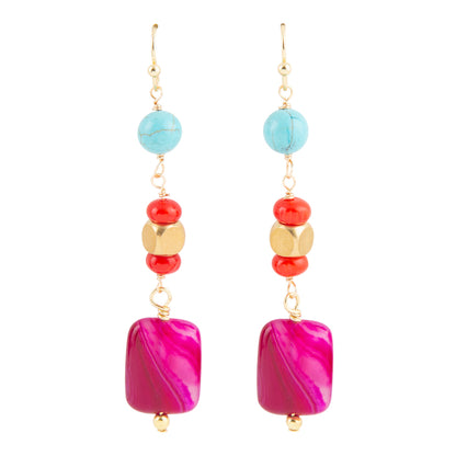 Colorful beaded earrings with pink, red, and blue beads on a white background