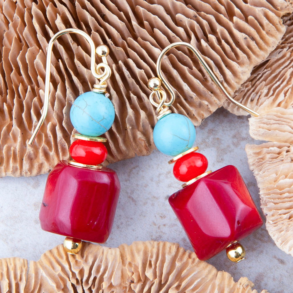 Guadalupe Blue Magnesite and Red Coral Golden Earrings