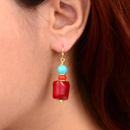 Guadalupe Blue Magnesite and Red Coral Golden Earrings