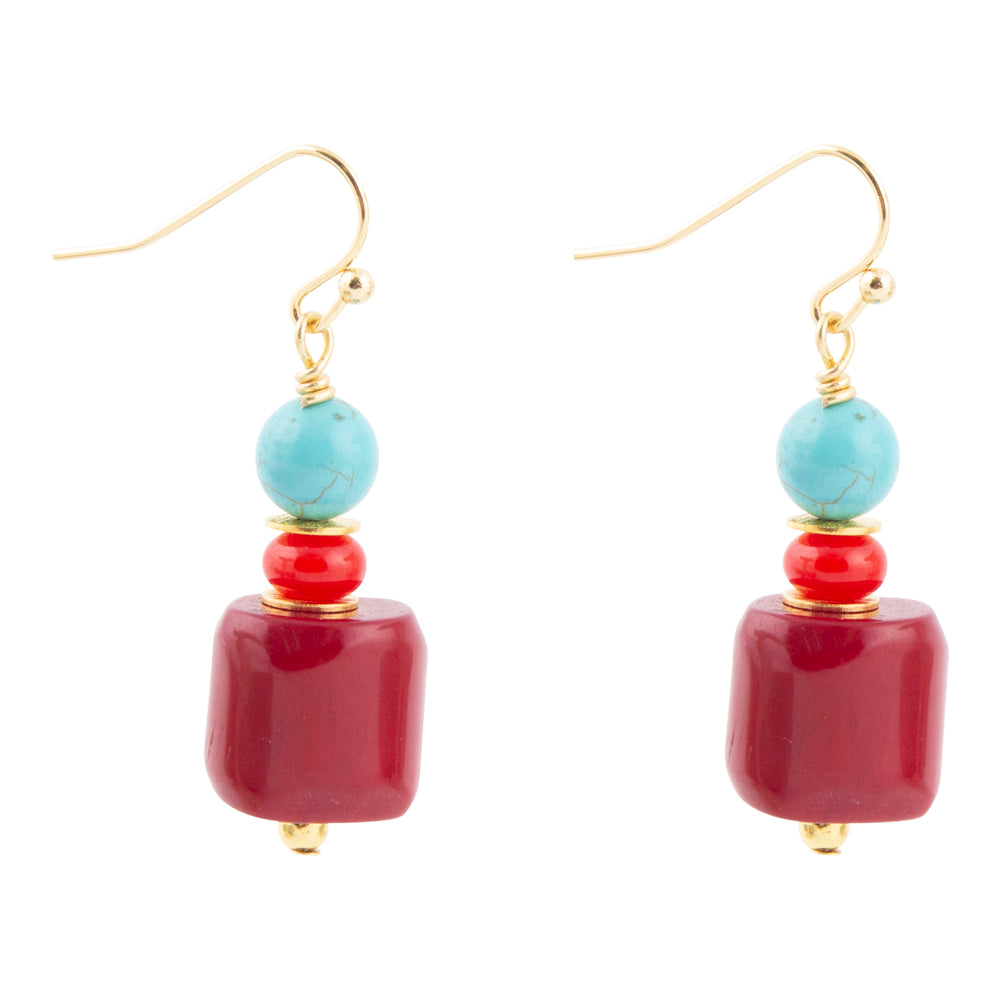 Guadalupe Blue Magnesite and Red Coral Golden Earrings