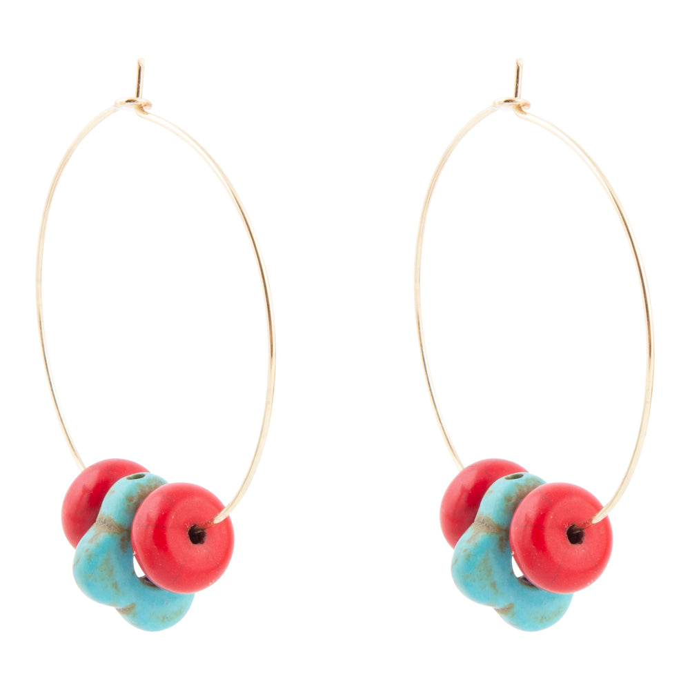 Guadalupe Blue Turquoise and Red Coral Golden Hoop Earrings
