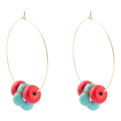 Guadalupe Blue Turquoise and Red Coral Golden Hoop Earrings