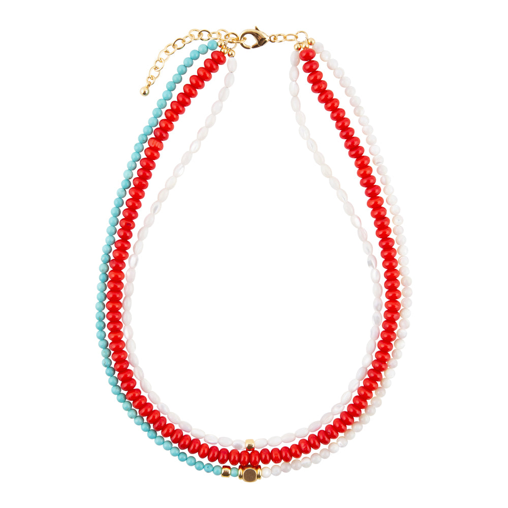 Necklace with red, white, and blue beads on a white background