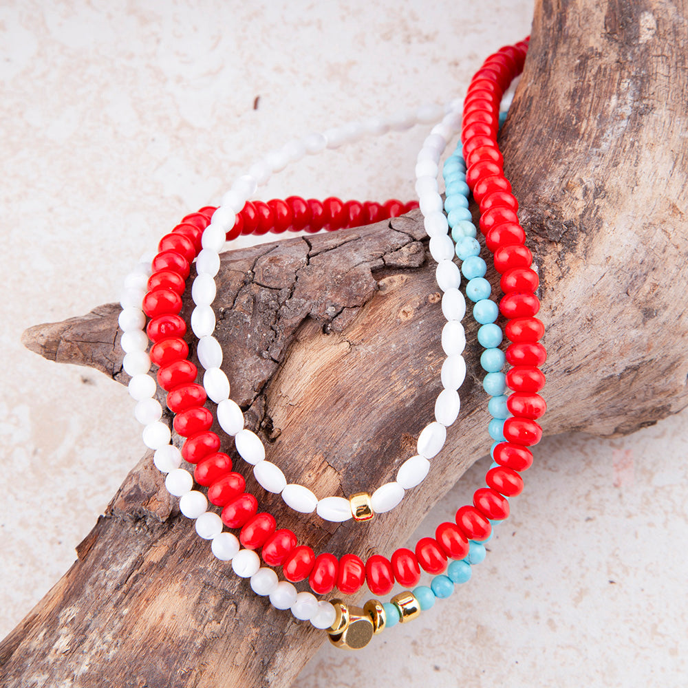 Guadalupe Blue Turquoise and Red Coral Golden Triple Necklace
