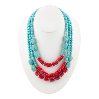 Guadalupe Blue Turquoise and Red Coral Golden Statement Necklace