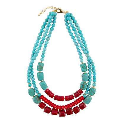 Guadalupe Blue Turquoise and Red Coral Golden Statement Necklace