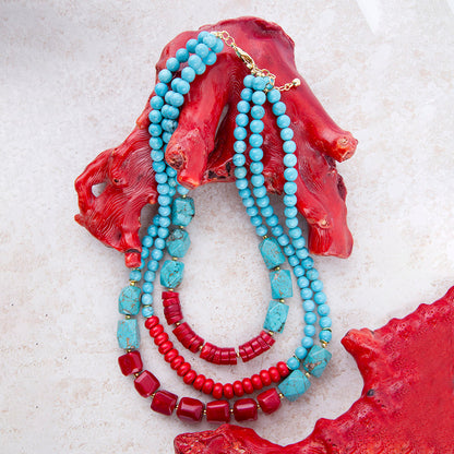 Guadalupe Blue Turquoise and Red Coral Golden Statement Necklace
