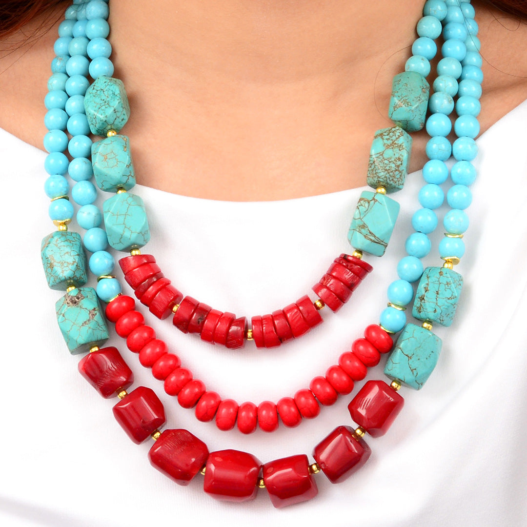 Guadalupe Blue Turquoise and Red Coral Golden Statement Necklace