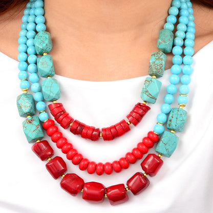 Guadalupe Blue Turquoise and Red Coral Golden Statement Necklace