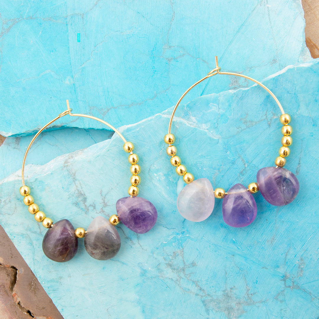 Purple Amethyst Golden Hoop Earrings