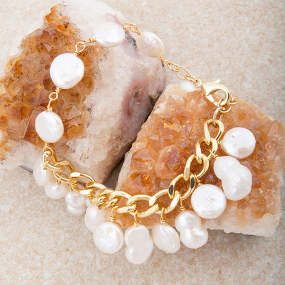 Hepburn White Pearl Golden Cluster Bracelet