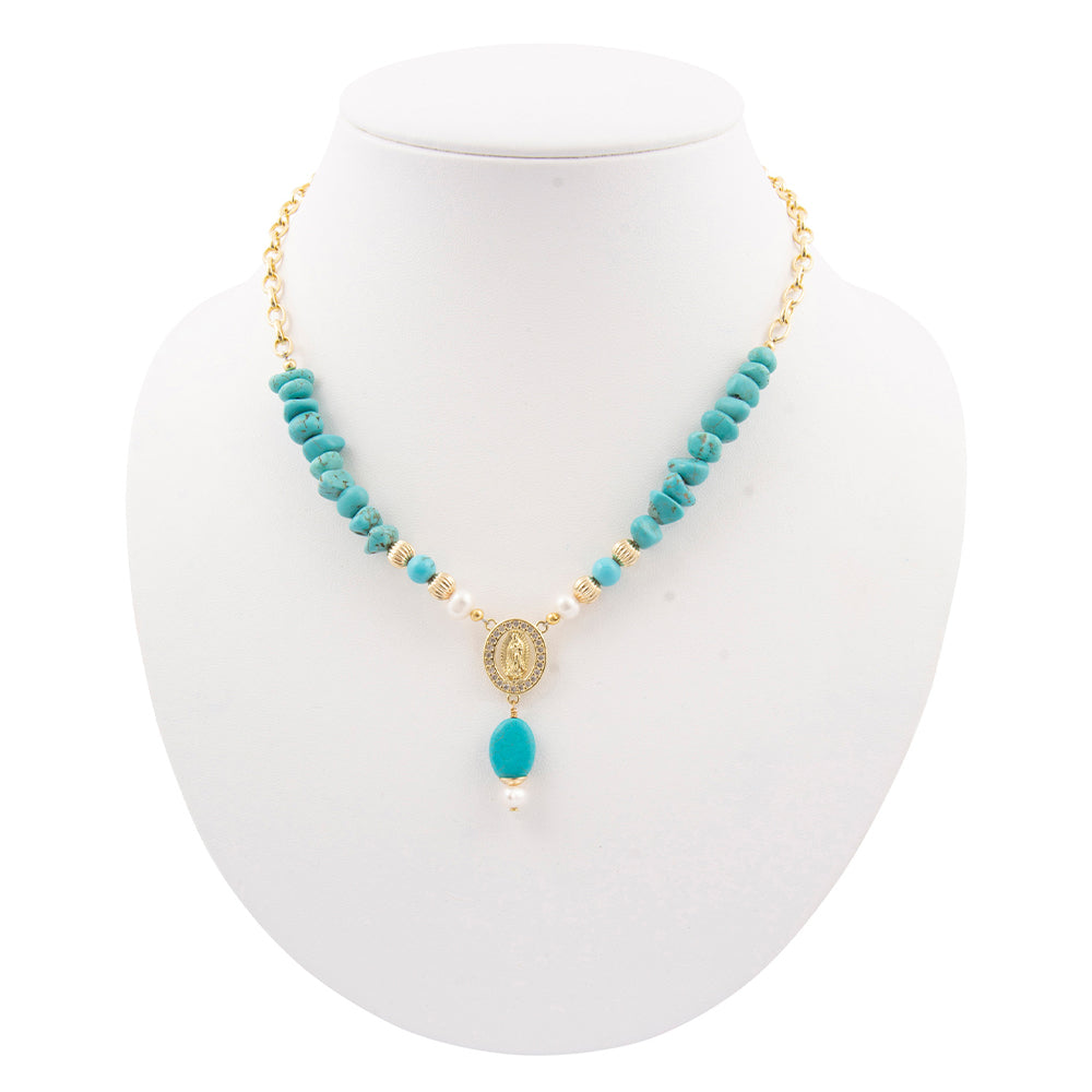 St. Guadalupe Blue Magnesite Golden Pendant Necklace