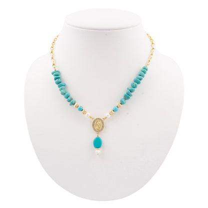 St. Guadalupe Blue Magnesite Golden Pendant Necklace