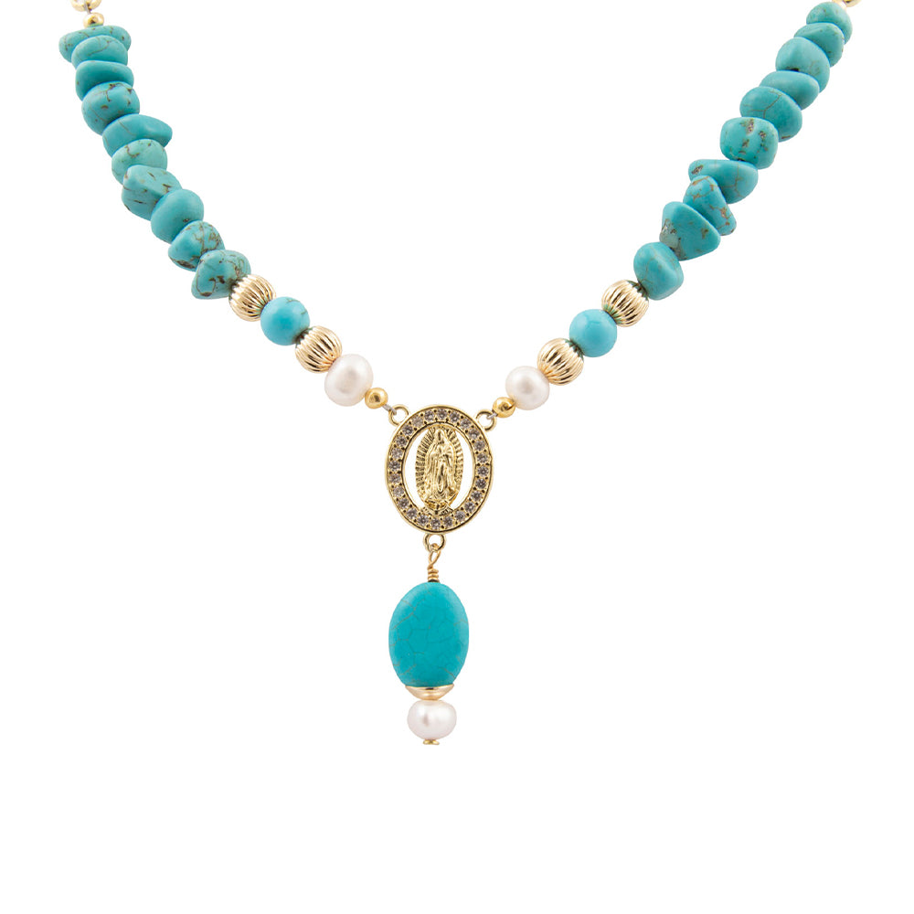 St. Guadalupe Blue Magnesite Golden Pendant Necklace