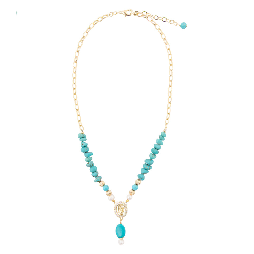 St. Guadalupe Blue Magnesite Golden Pendant Necklace